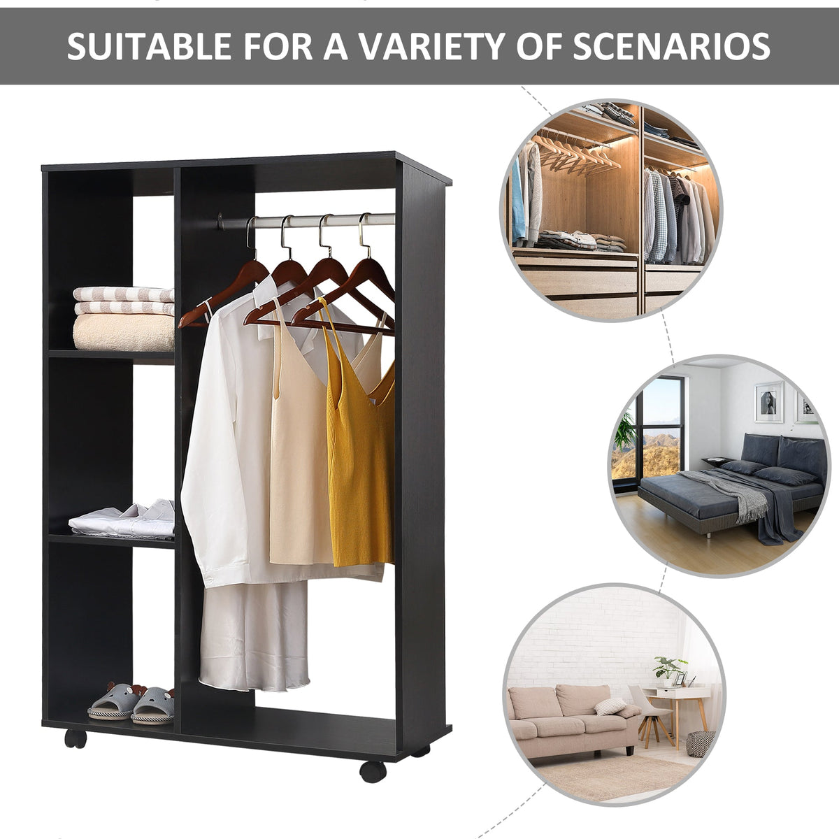 homcom open wardrobe on wheels bedroom wardrobe with clothes hanging rail 3 storage shelves mobile garment rack for cloakroom hallway black