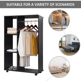 homcom open wardrobe on wheels bedroom wardrobe with clothes hanging rail 3 storage shelves mobile garment rack for cloakroom hallway black