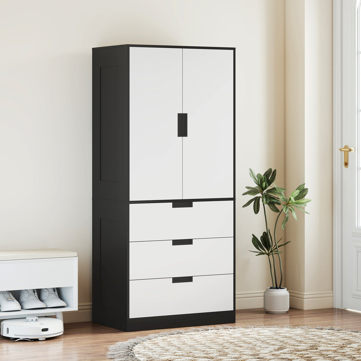 homcom 2 door wardrobe modern wardrobe with 3 drawers and hanging rod for bedroom black