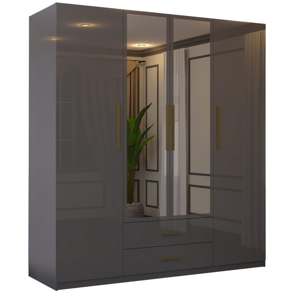 XD1 Grey High Gloss 160cm wardrobe: 4 doors, 2 mirrored, 2 drawers, gold handles.