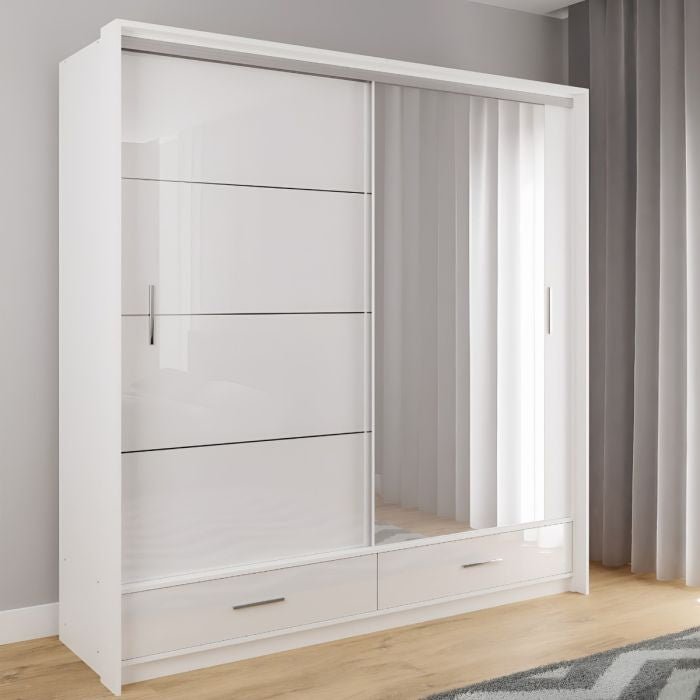 WARRINGTON 2 Door Mirrored Sliding Wardrobe White Gloss 208cm with two drawers.