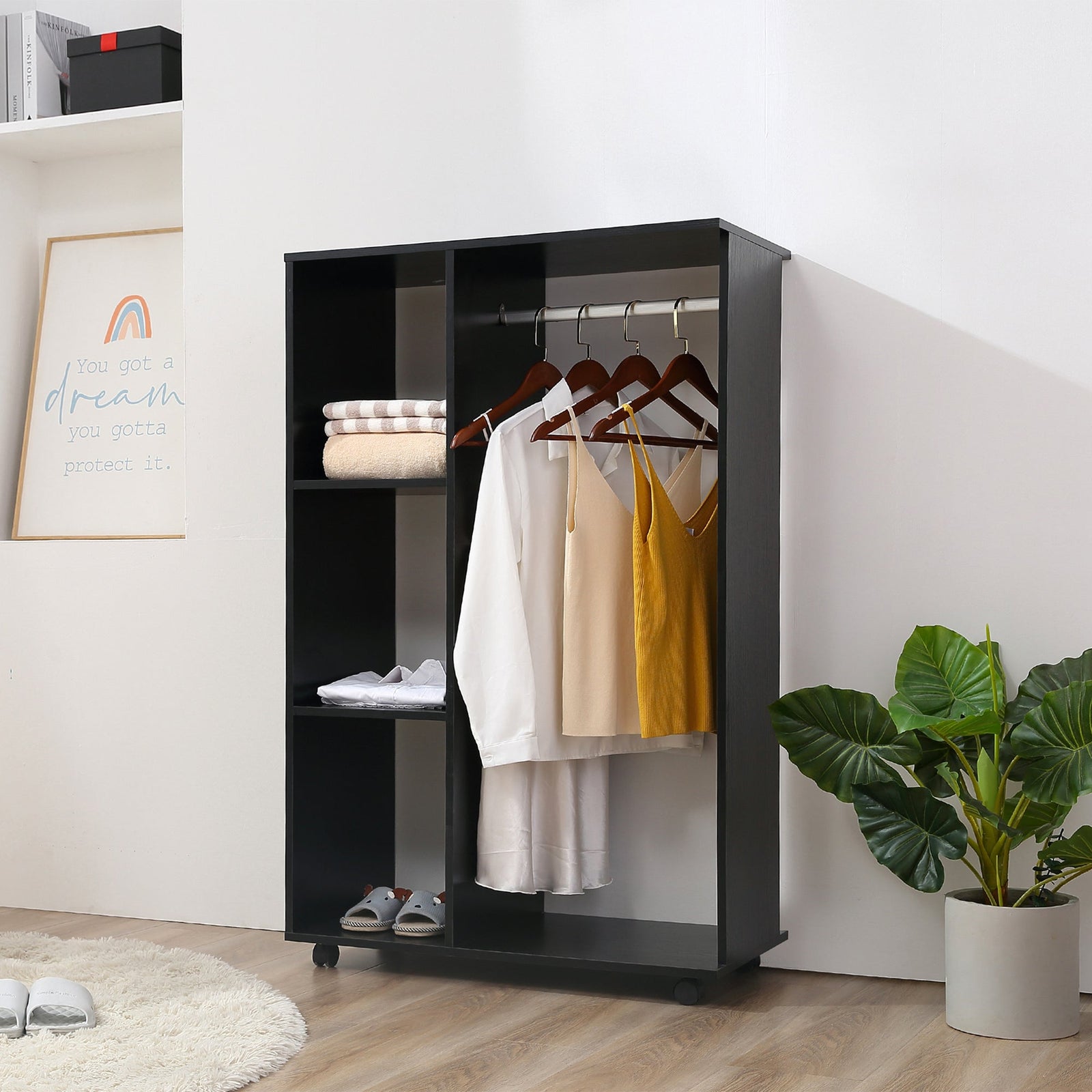 homcom open wardrobe on wheels bedroom wardrobe with clothes hanging rail 3 storage shelves mobile garment rack for cloakroom hallway black