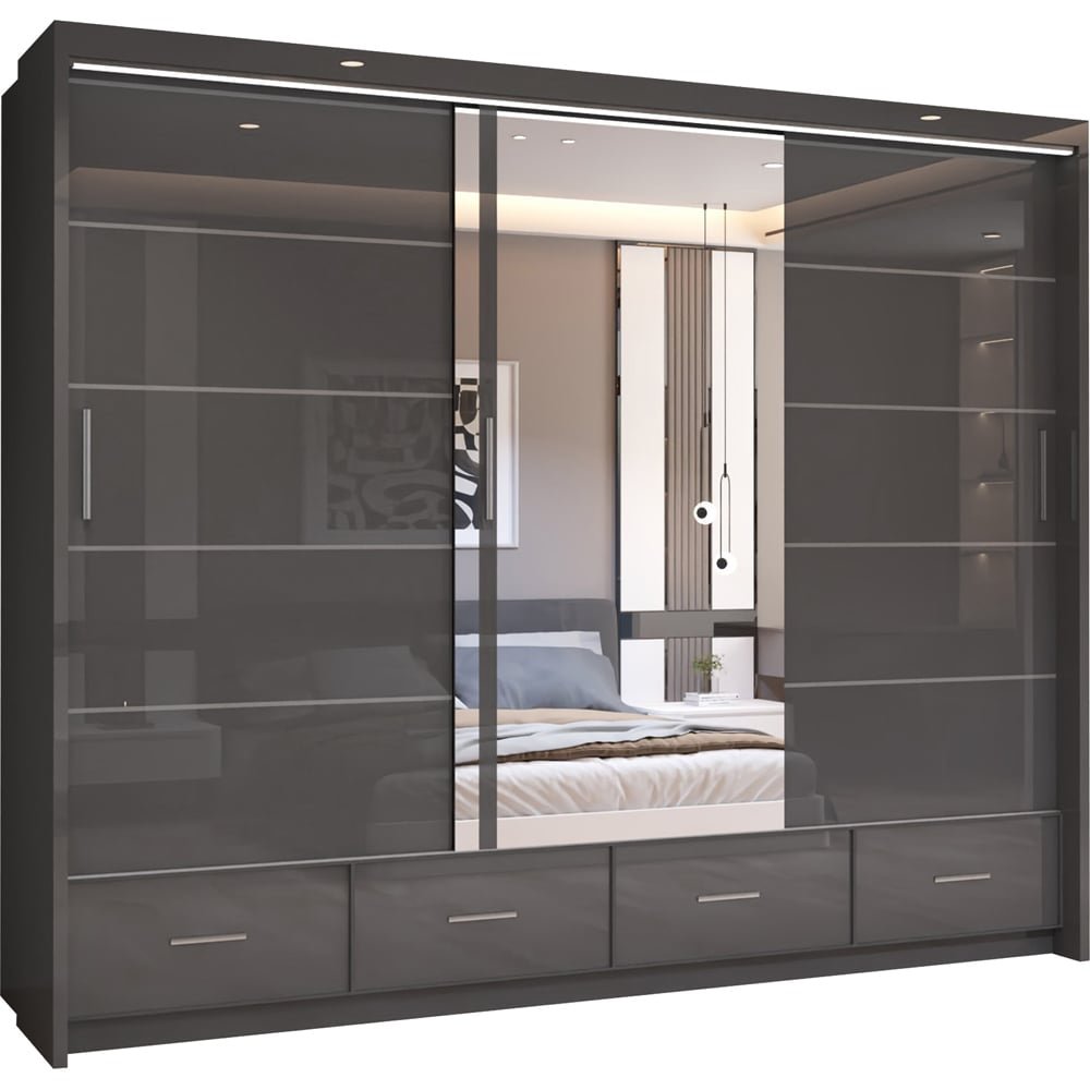 SYCYLIA 255cm grey high gloss 3 door mirrored sliding wardrobe with 4 drawers.