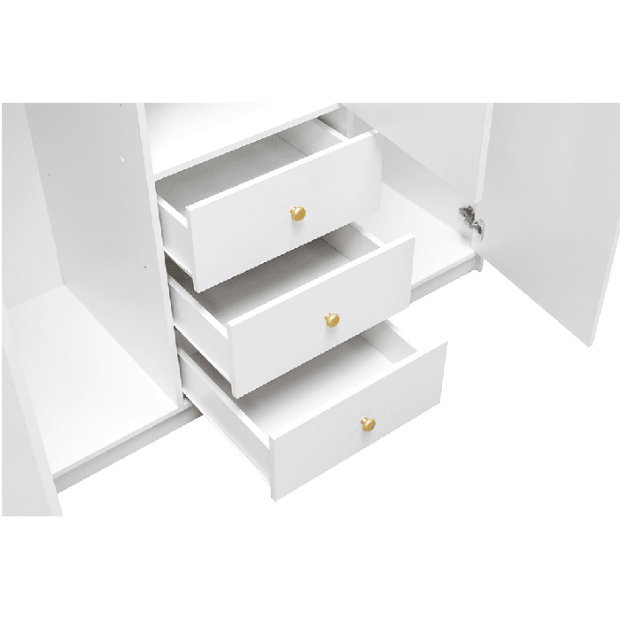 White ELVIRO 3 Door Wardrobe interior with three drawers and gold knobs, showing open compartment with shelves.