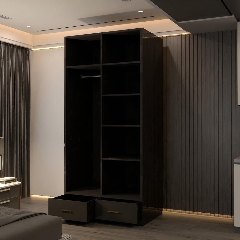 XD4 black gloss wardrobe with 2 doors and 2 drawers, gold handles, showing shelves and hanging rail inside.