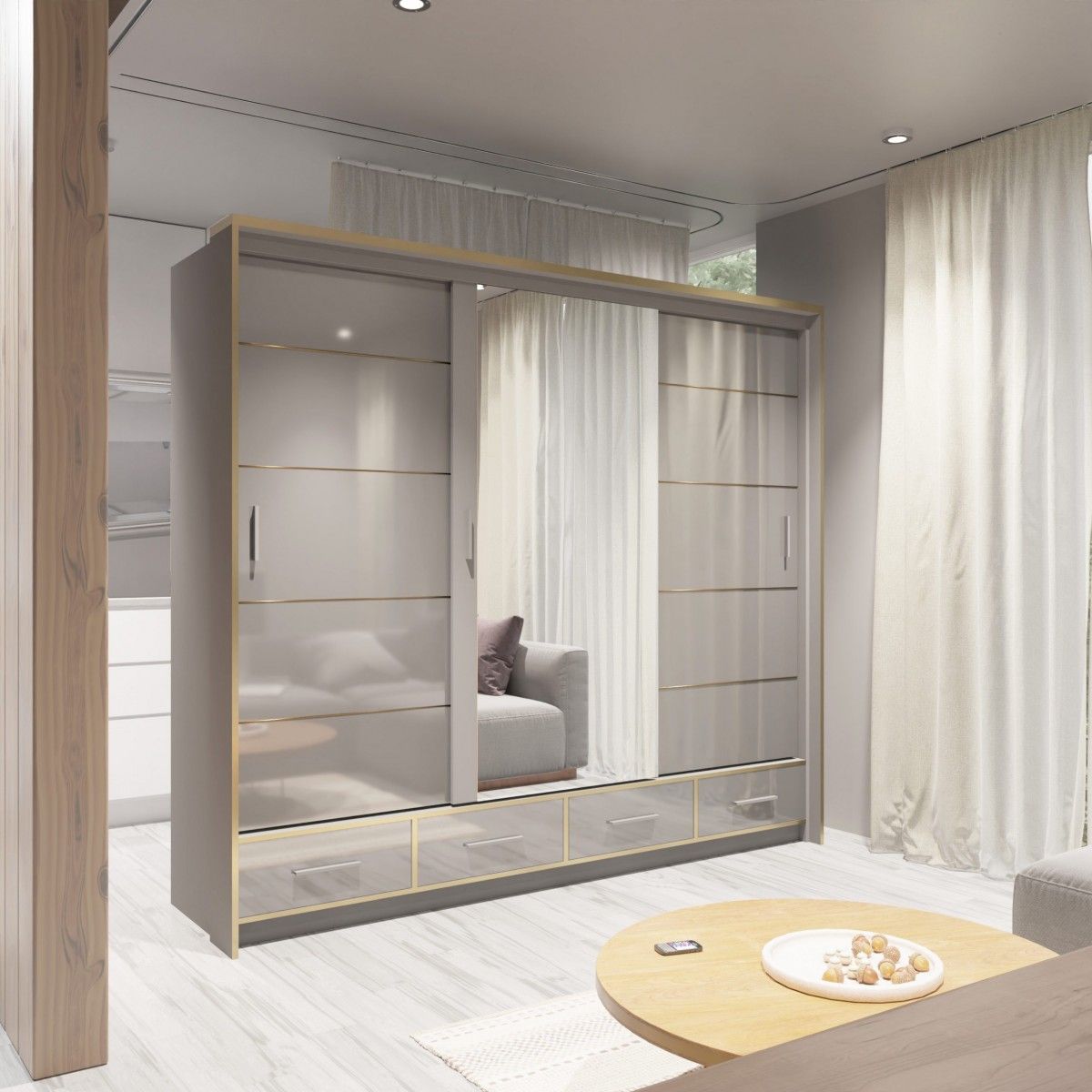 CHOICEWARDROBE 253cm 3-door grey gloss sliding wardrobe with mirrored centre door and drawers.
