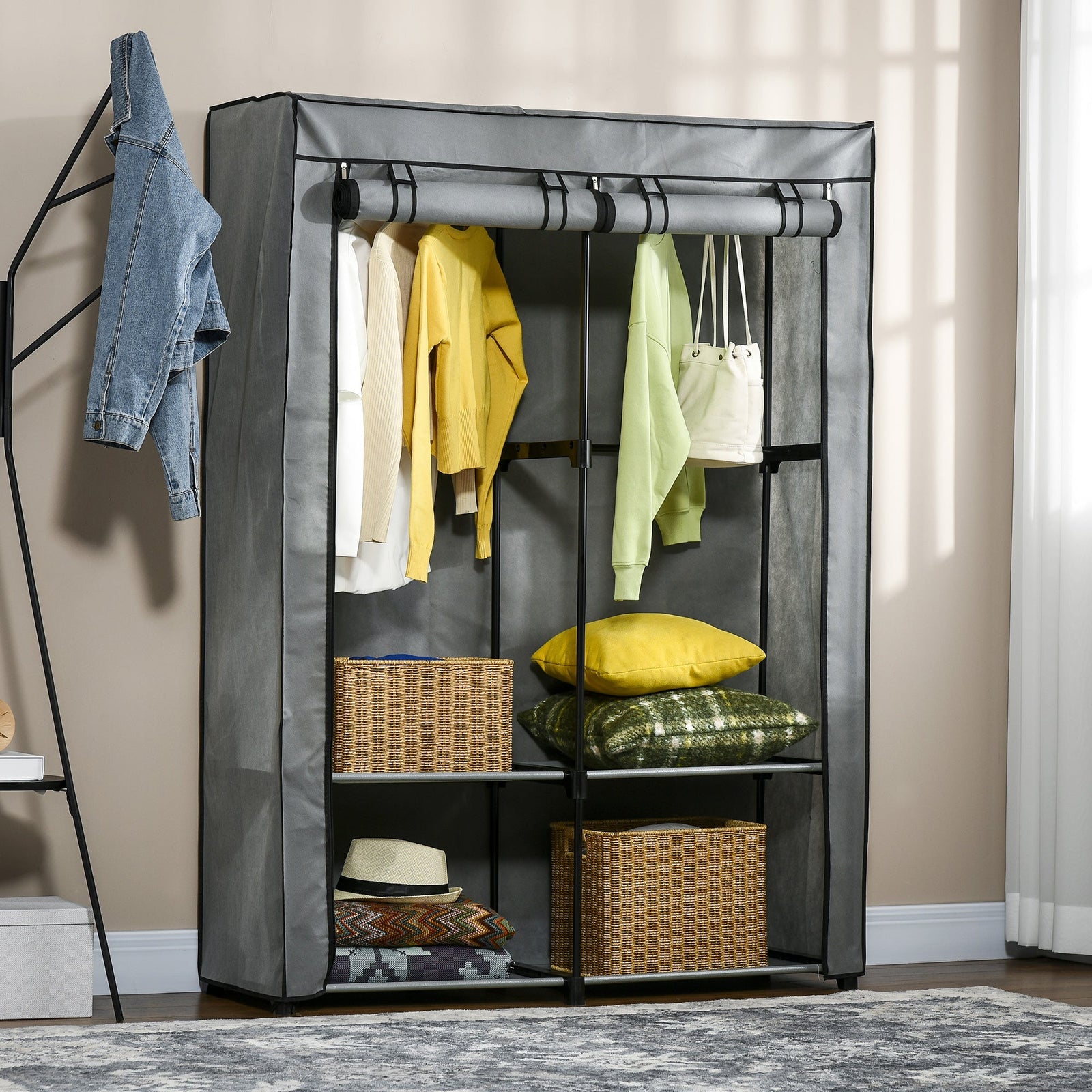 homcom steel frame fabric wardrobe with rail and shelves light grey