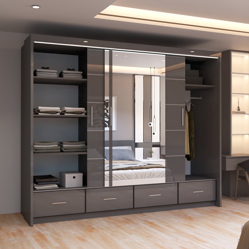 SYCYLIA grey high gloss 3 door sliding wardrobe with mirrored fronts and 4 drawers.
