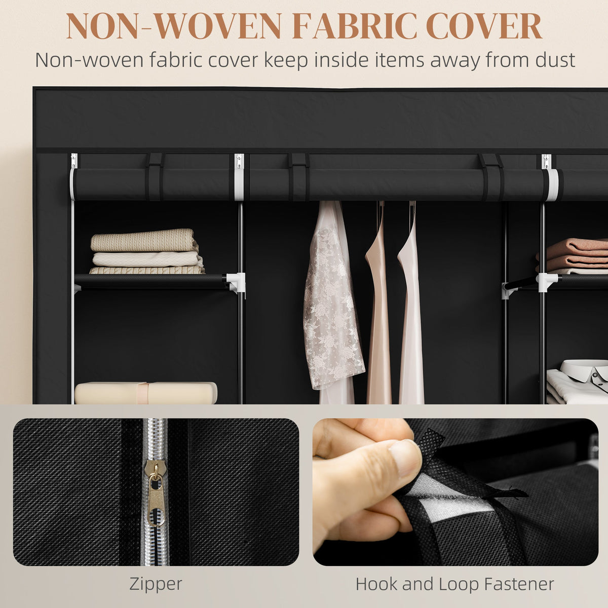 homcom portable wardrobe foldable fabric wardrobe 150 x 43 x 162 5cm clothes storage organiser with hanging rail shelves fabric cover for bedroom black