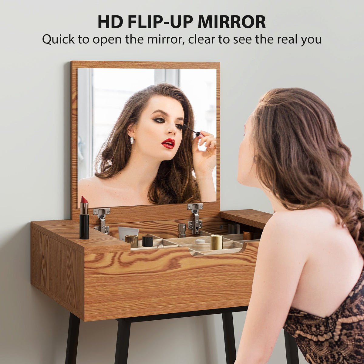 homcom vanity desk with flip up mirror industrial dressing table with 16 small compartments for bedroom natural wood effect