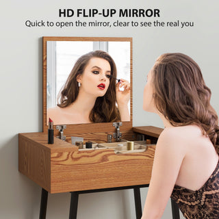 homcom vanity desk with flip up mirror industrial dressing table with 16 small compartments for bedroom natural wood effect