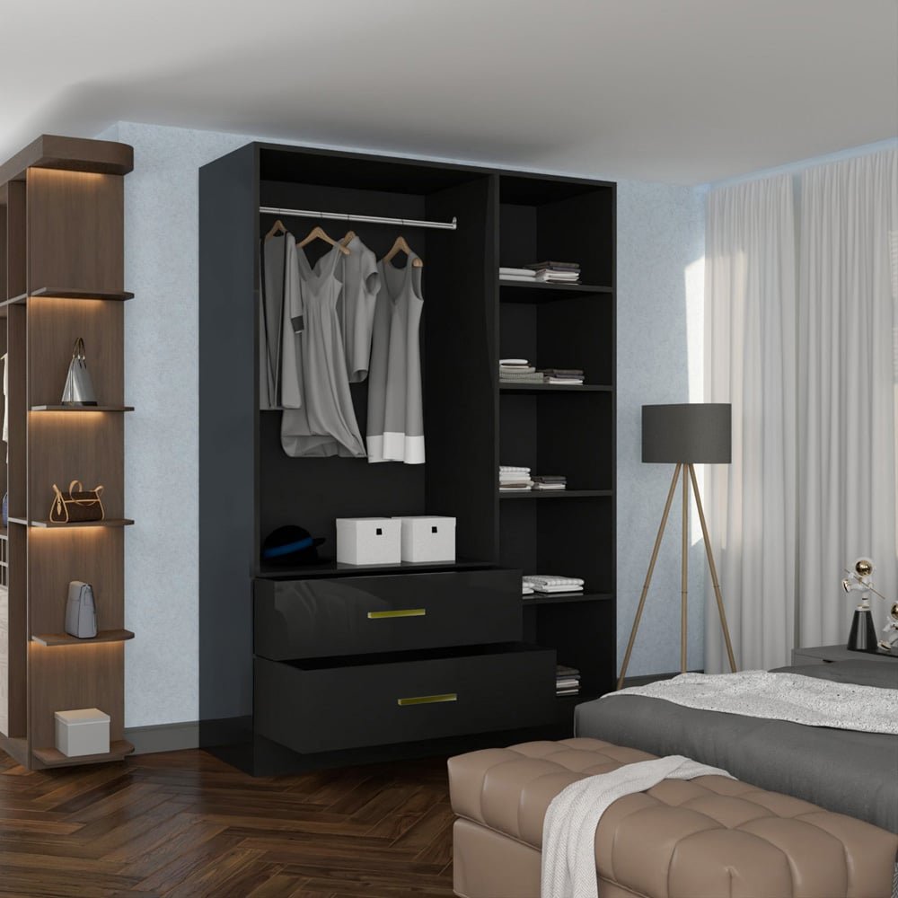 Black high gloss wardrobe 116cm with mirrored doors, gold handles, and two visible drawers.