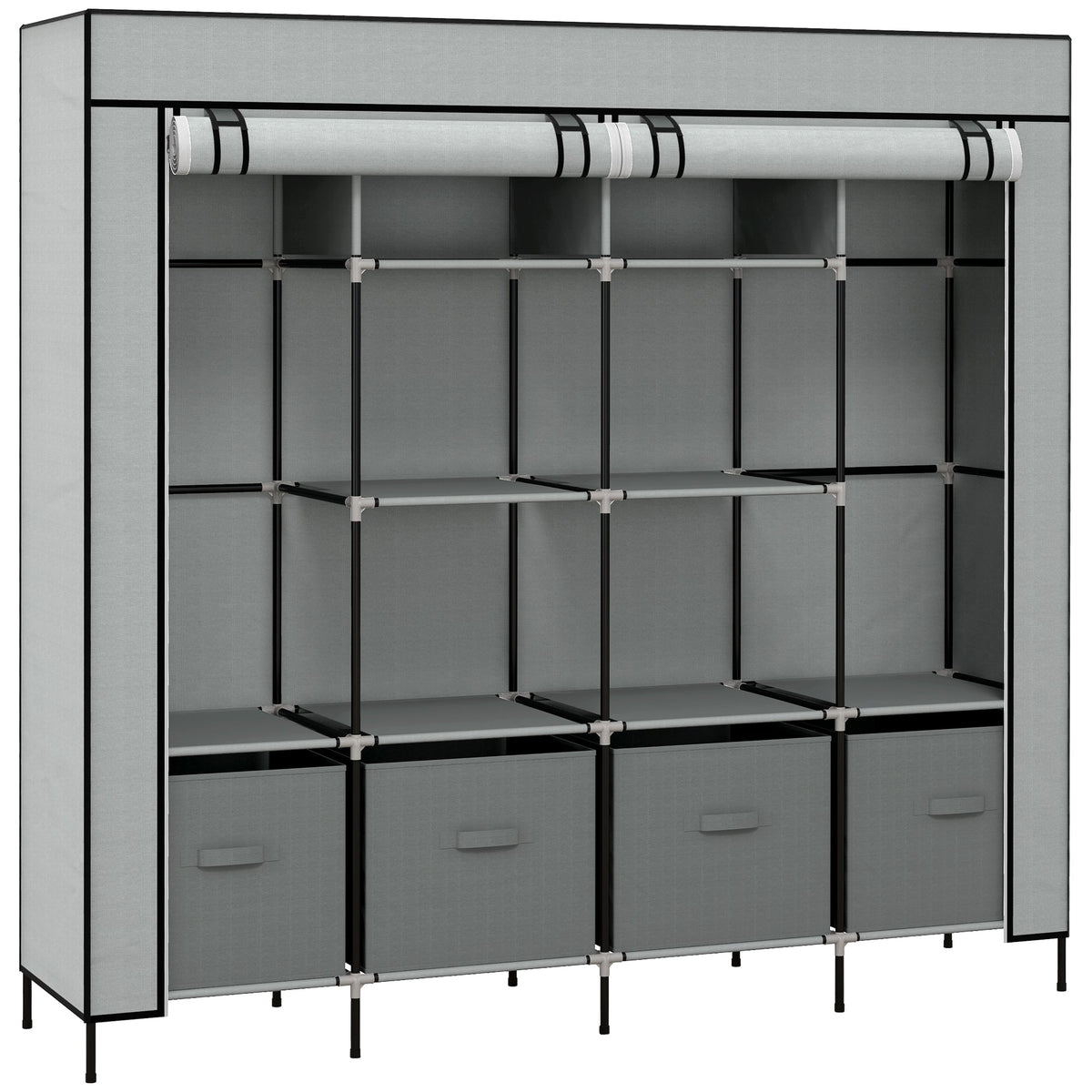 homcom fabric wardrobe for bedroom portable cloth wardrobe with 10 compartments 2 hanging rails and 4 fabric drawers 166 x 42 5 x 169 5cm dark grey