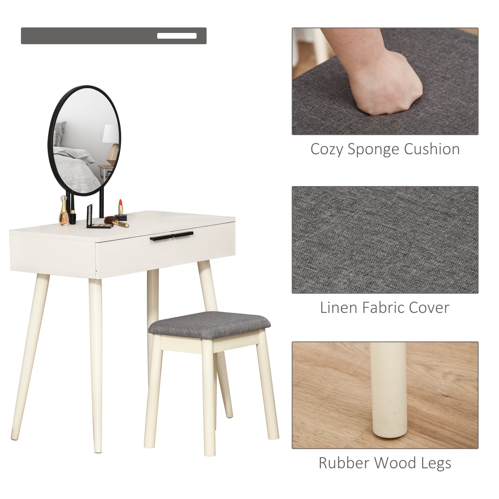 homcom modern dressing table with round mirror and stool makeup vanity table with 2 drawers for bedroom living room 80 x 40 x 123 cm white