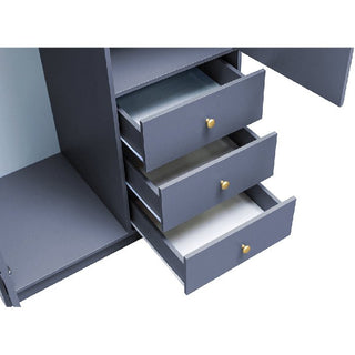 Three open grey drawers with gold knobs and an open compartment, part of the ELVIRO wardrobe.