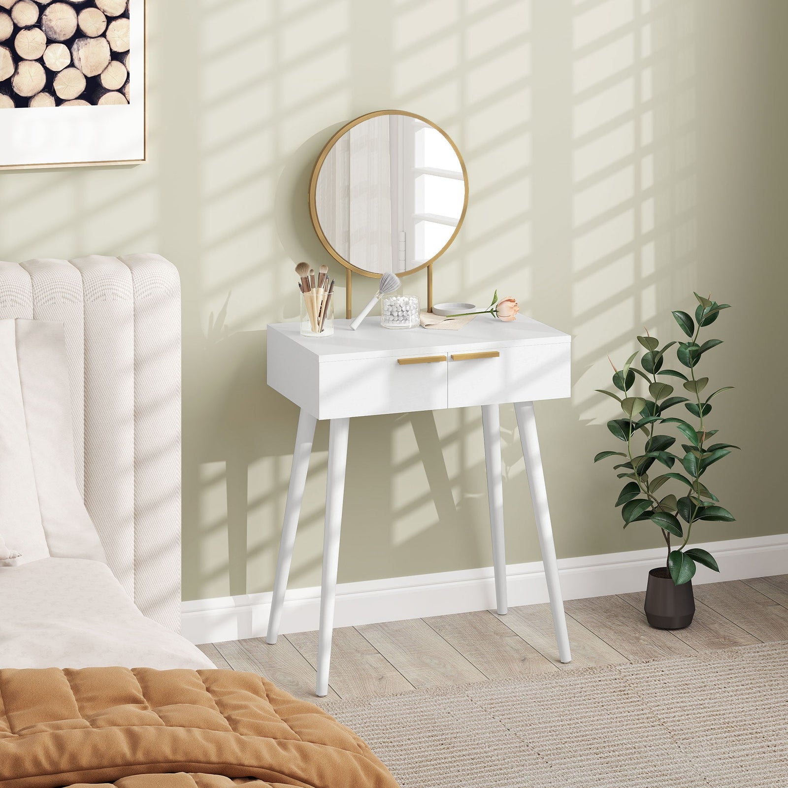 homcom elegant dressing table with round mirror 60 x 40 x 123 cm white