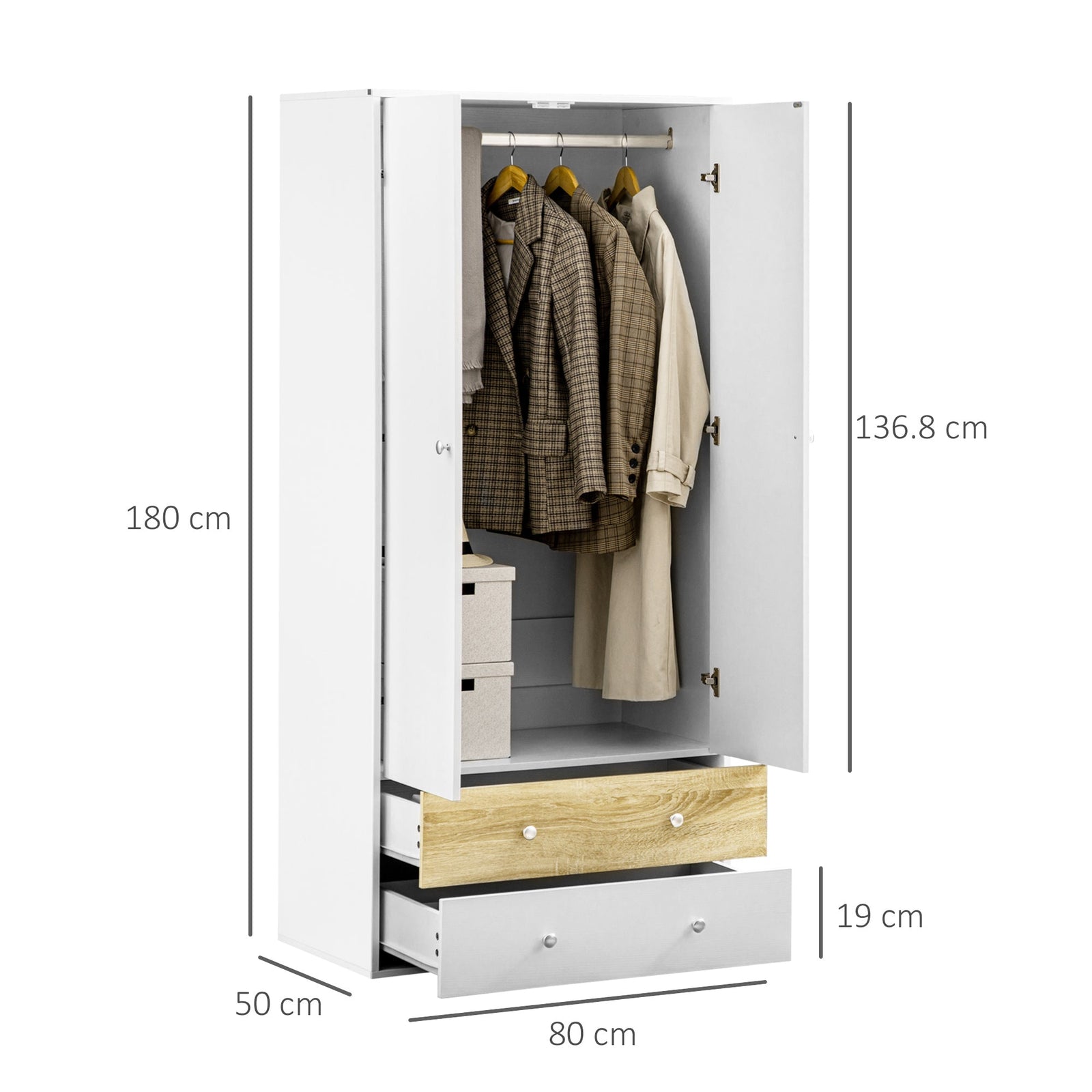homcom 2 door wardrobe with 2 drawers hanging rod and anti tipping straps for bedroom clothes storage organisation white