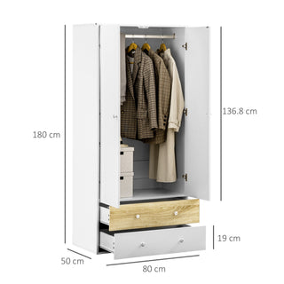 homcom 2 door wardrobe with 2 drawers hanging rod and anti tipping straps for bedroom clothes storage organisation white