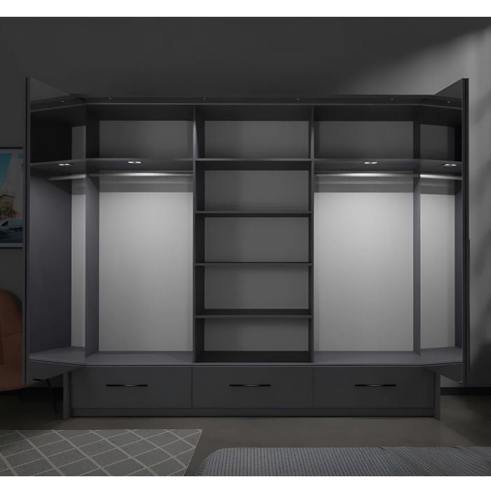 Graphite 4 door wardrobe with mirrored panels, internal shelves, hanging rails, and drawers, featuring LED lighting.