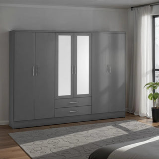 CHOICEWARDROBE Modara 230cm 6 Door Wardrobe with 2 Mirrors & 2 Drawers – Grey 3D Effect, Full Wall Bedroom Storage