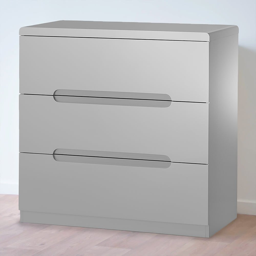Manhattan 3 drawer grey high gloss chest of drawers with recessed handles.
