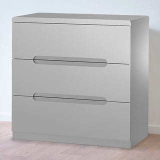 Manhattan 3 drawer grey high gloss chest of drawers with recessed handles.