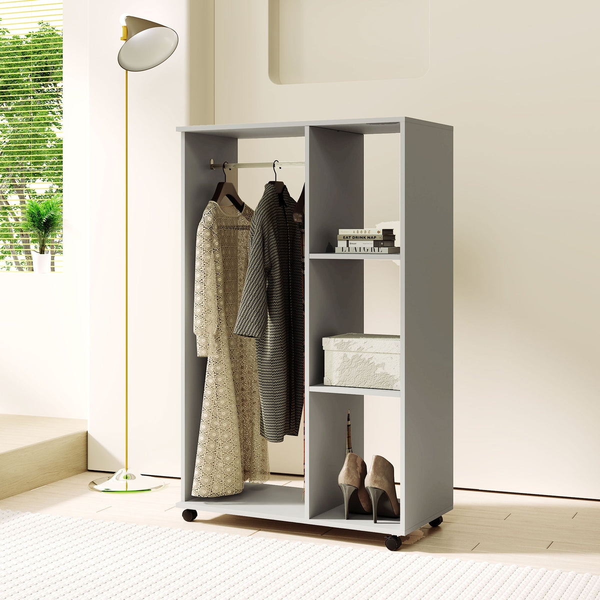 homcom open wardrobe on wheels bedroom wardrobe with clothes hanging rail 3 storage shelves mobile garment rack for cloakroom hallway grey