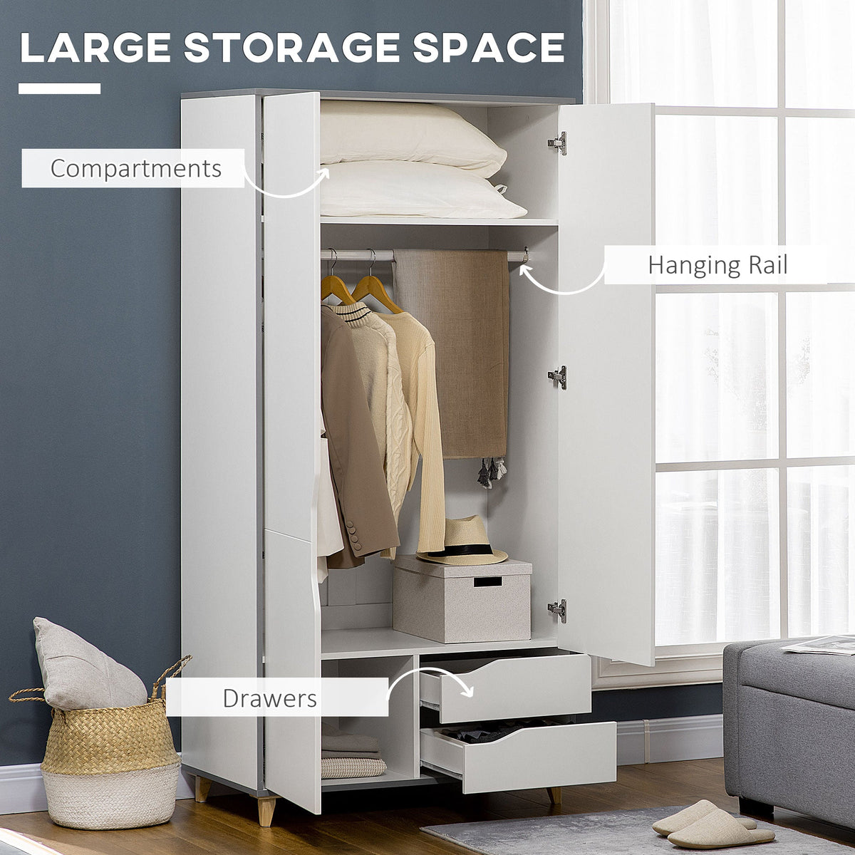 homcom bedroom furniture set wardrobe with hanging rail 3 drawer chest of drawers with cut out handles grey and white