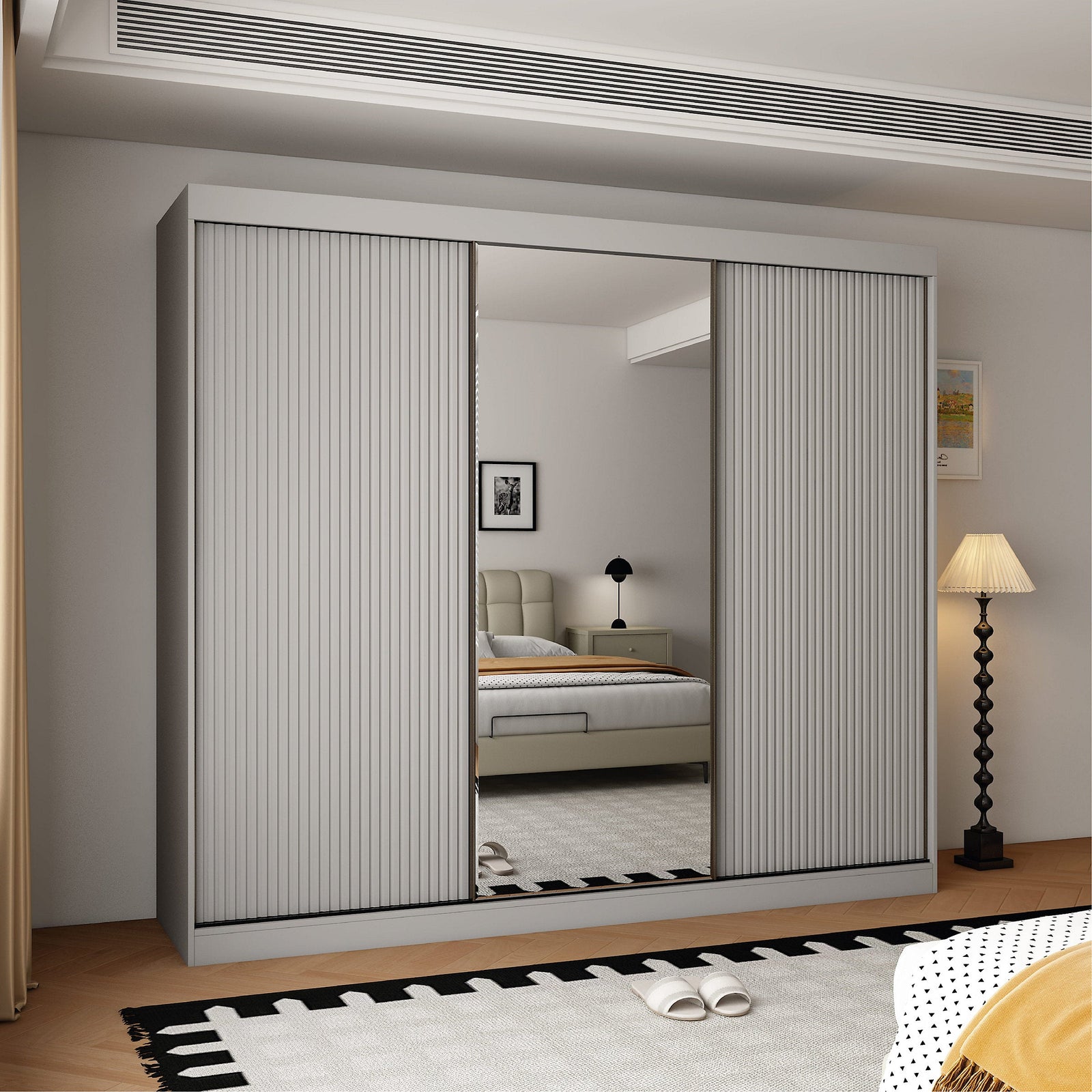 Berlin 250cm light grey sliding wardrobe with fluted doors and one central mirror door.