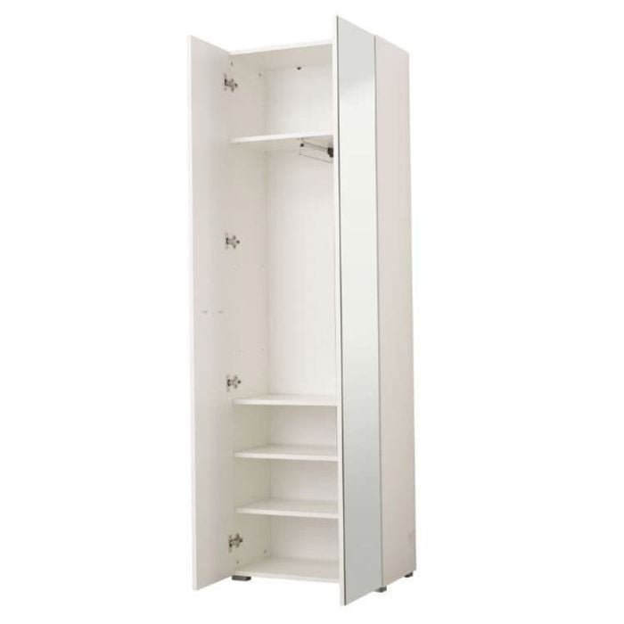 White gloss 2 door wardrobe with a mirrored door and internal shelves