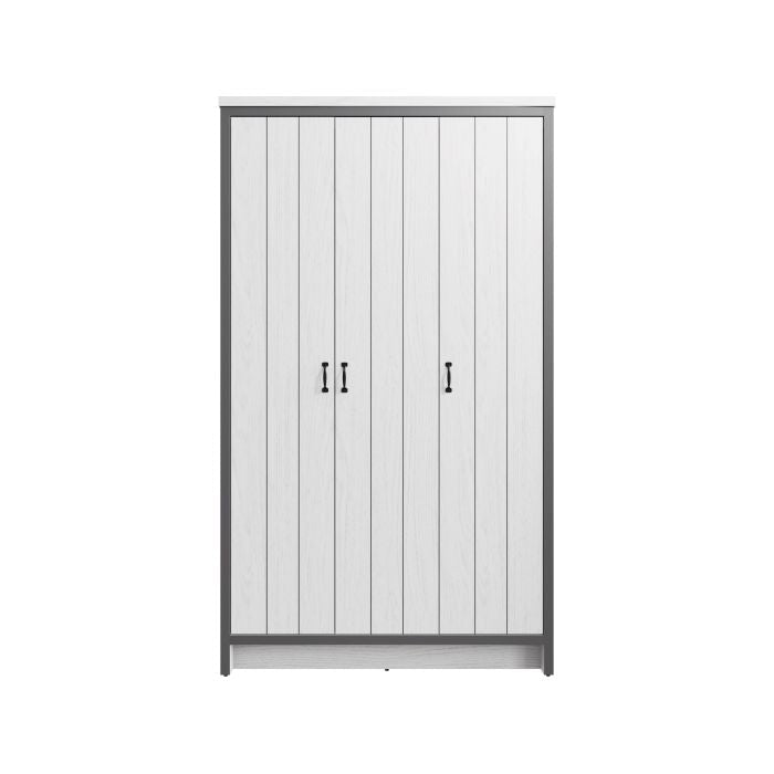 White three-door wardrobe with black handles
