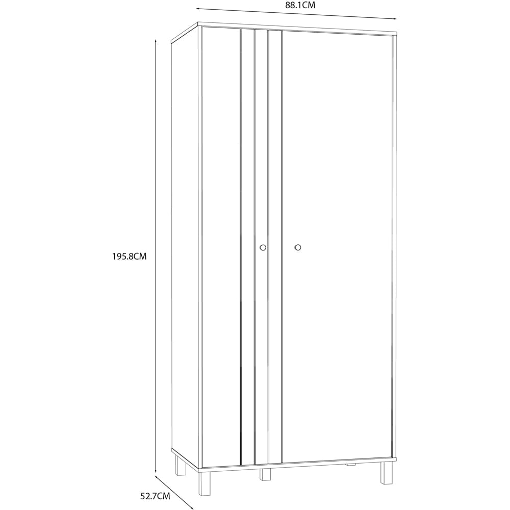 Line drawing of Florence Grafton 2 door cream and oak wardrobe, 195.8cm H x 88.1cm W x 52.7cm D.