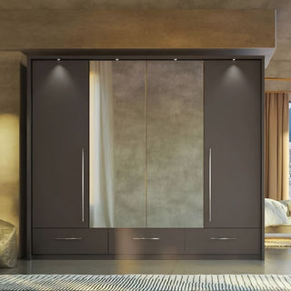 Graphite 4-door mirrored wardrobe with central mirrored panels and three lower drawers.
