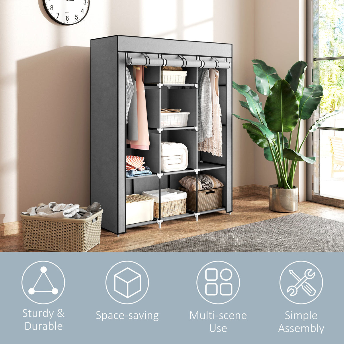 homcom fabric wardrobe with rails and shelves light grey