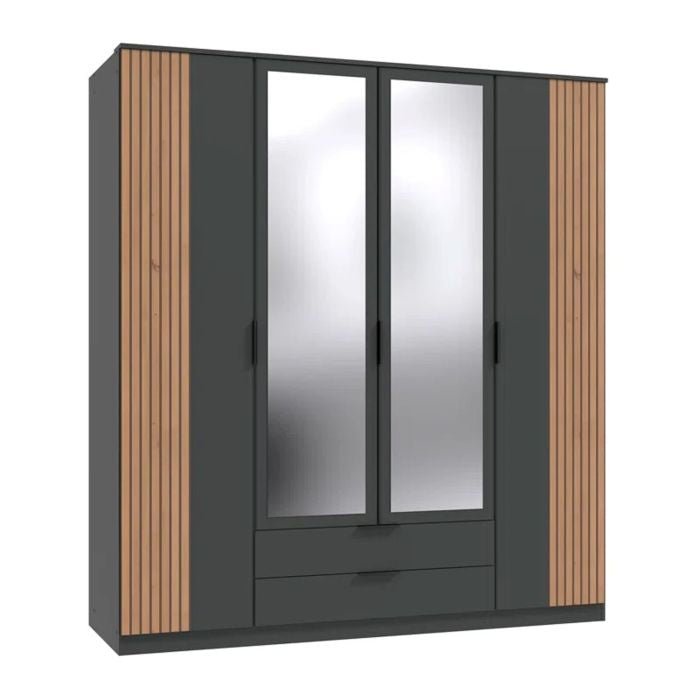 NOMASA 180cm grey 4 door wardrobe with central mirrored doors and 2 drawers, oak slats.