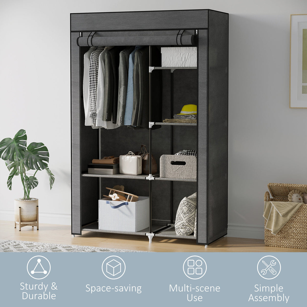 homcom rail and six shelf fabric wardrobe dark grey