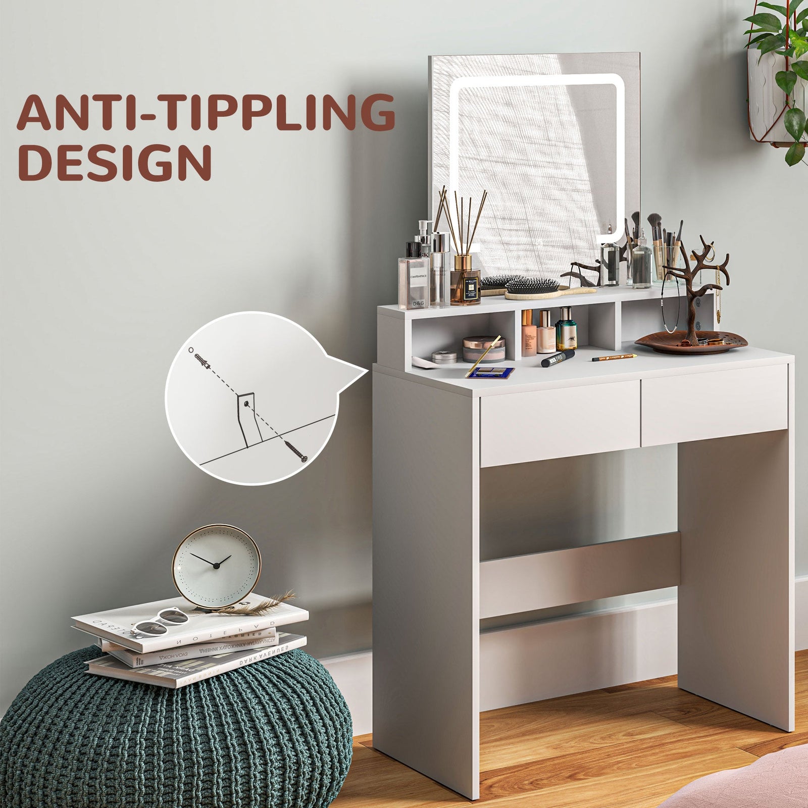 homcom storage dressing table with led light mirror white