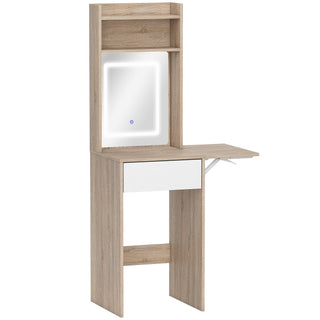homcom small vanity desk with mirror and led lights compact dressing table with drop leaf open shelves natural wood