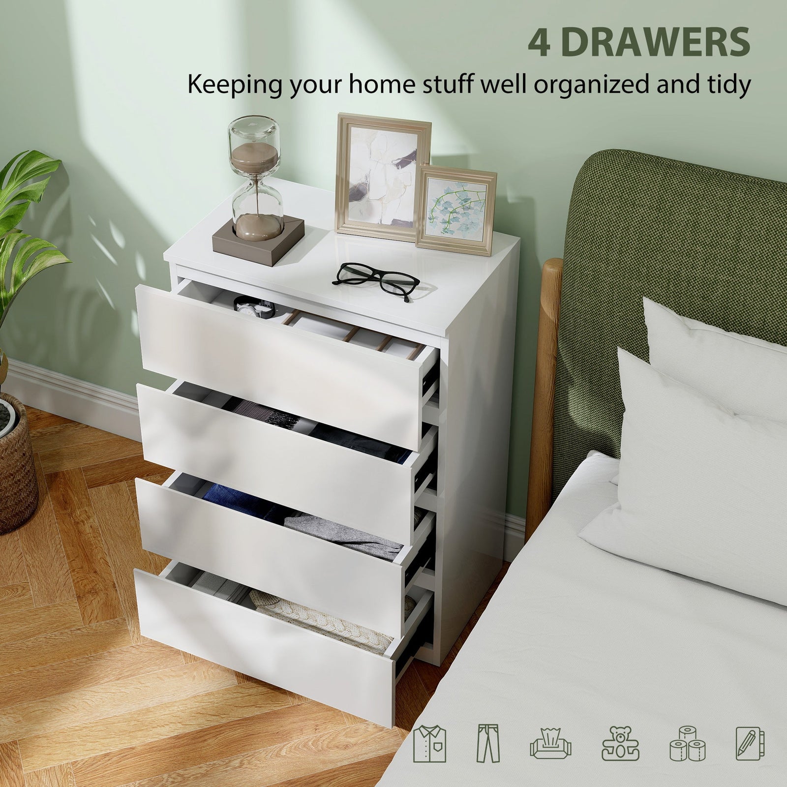 homcom high gloss chest of drawers 4 drawer storage cabinets modern dresser for bedroom white
