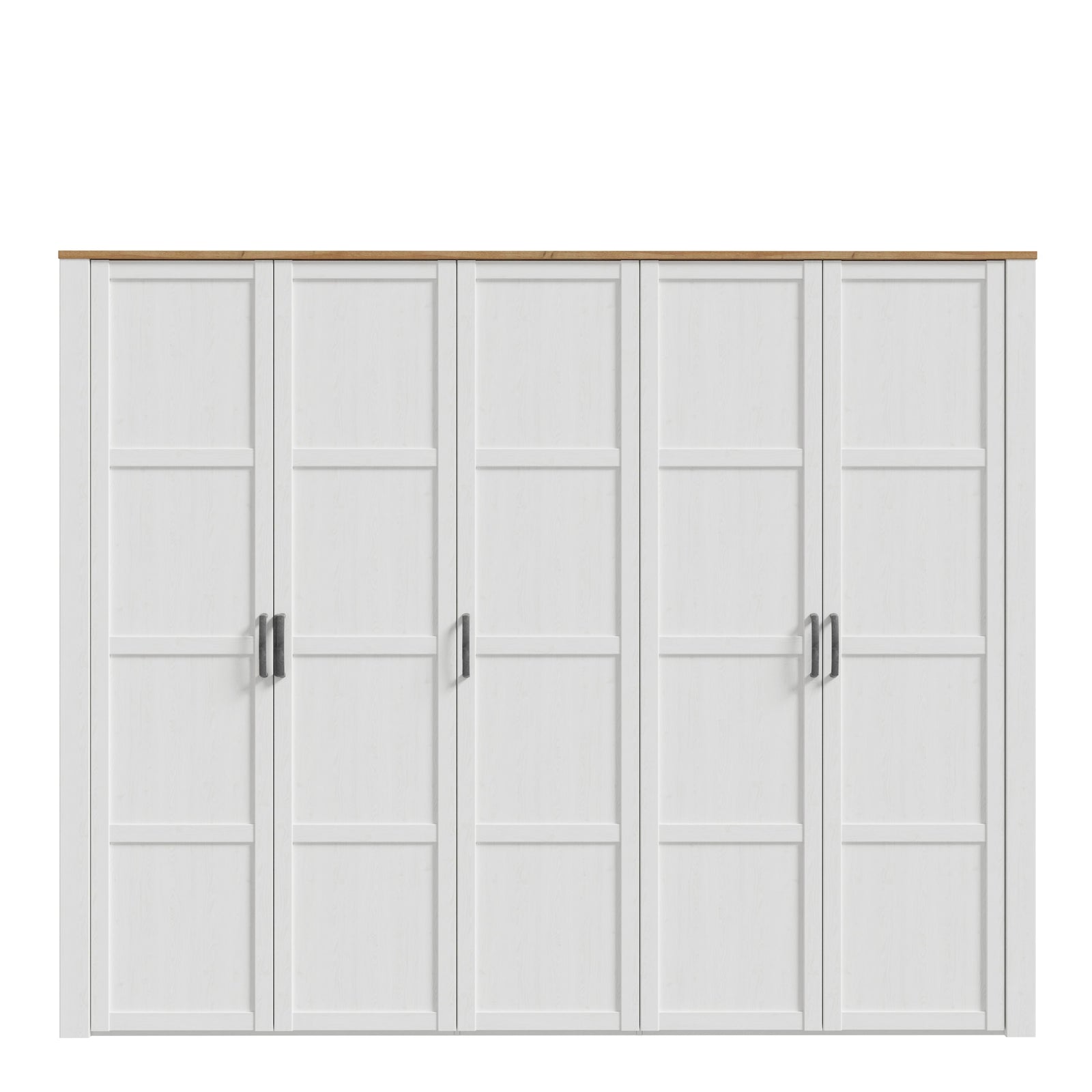 White and oak 5-door Buenos wardrobe with horizontal panel detailing and dark handles