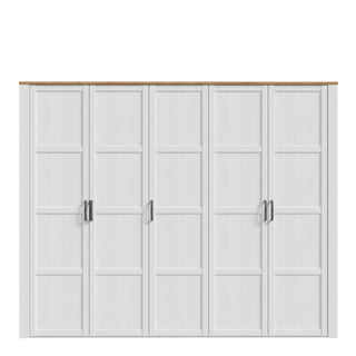 White and oak 5-door Buenos wardrobe with horizontal panel detailing and dark handles
