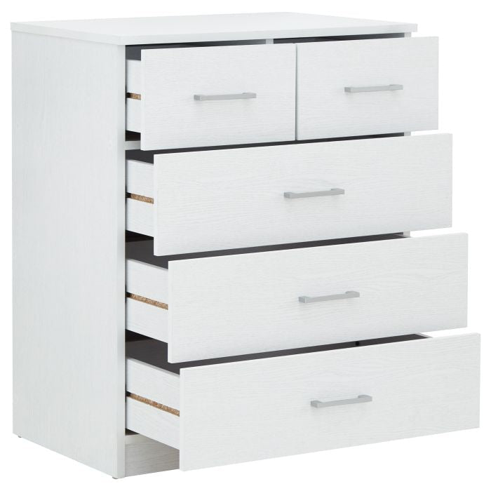 White 5-drawer chest of drawers with silver handles
