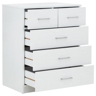 White 5-drawer chest of drawers with silver handles
