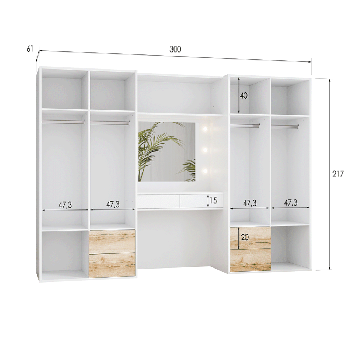 BRAVYN 6 door white mirrored wardrobe with central dressing table and drawers