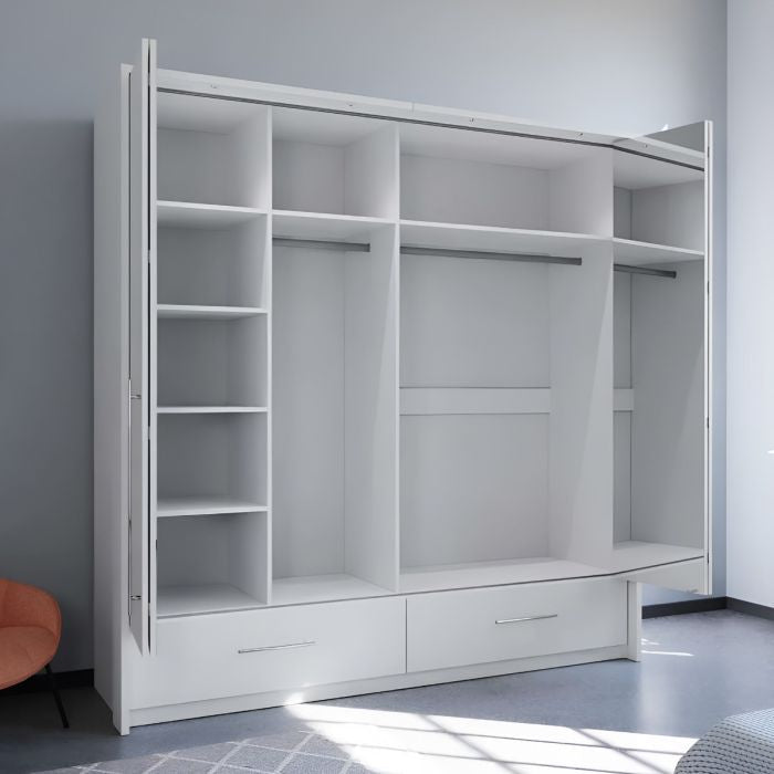 LINDSEY 2 Door Wardrobe White with shelves, hanging rails and drawers