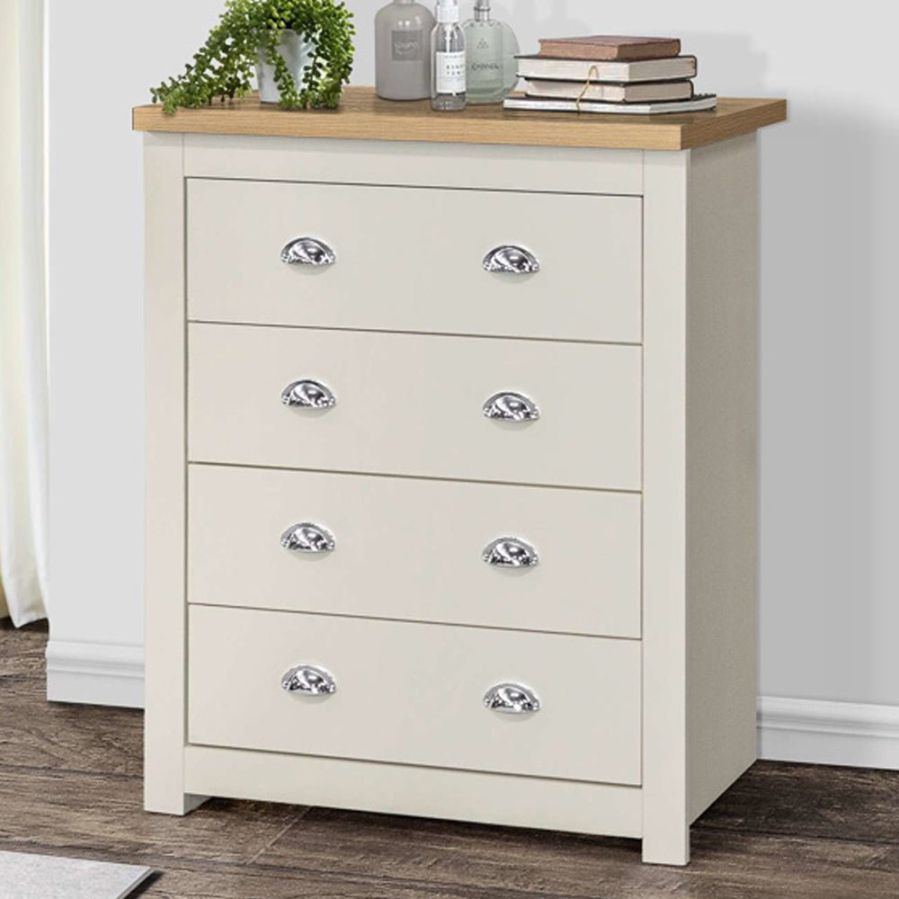 Highland 4 drawer chest of drawers in cream and oak with silver cup handles