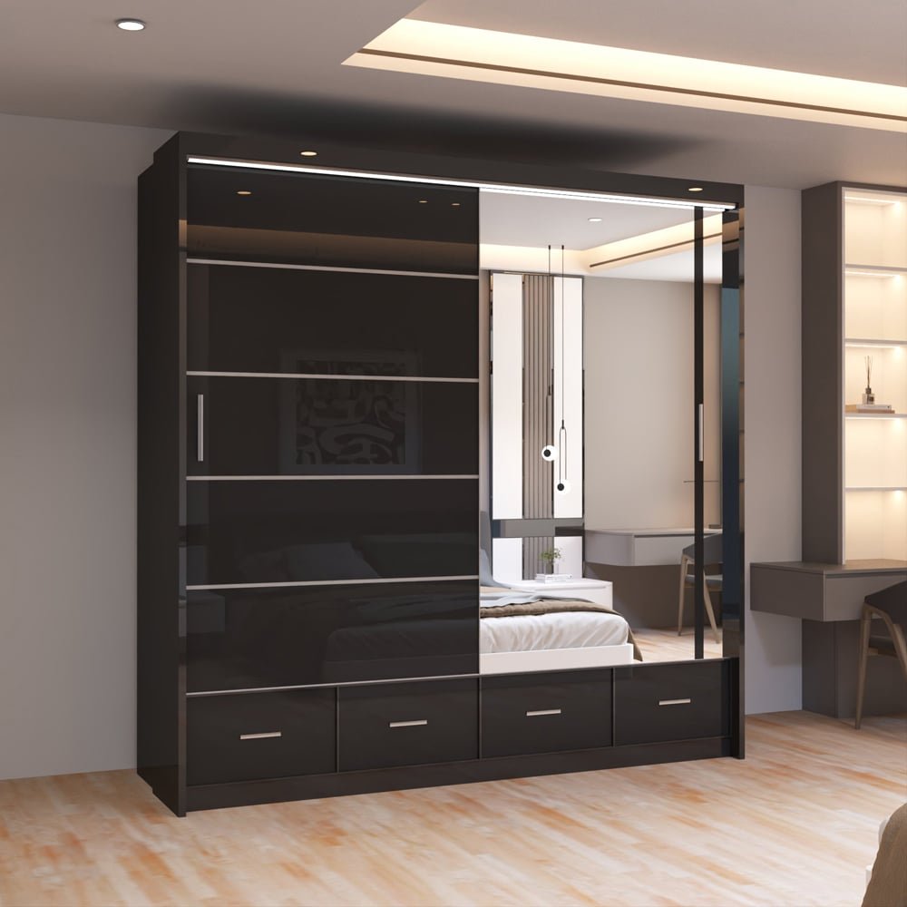 Black high gloss sliding wardrobe with mirrored panel and integrated drawers