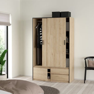 Sliding wardrobe with 3 doors in Jackson Hickory Oak finish, showing 2 open doors with hanging clothes and 2 drawers.