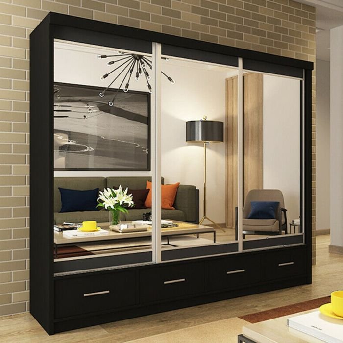 CHOICEWARDROBE NEWRY 3 door mirrored sliding wardrobe in black finish, reflecting a living room interior.