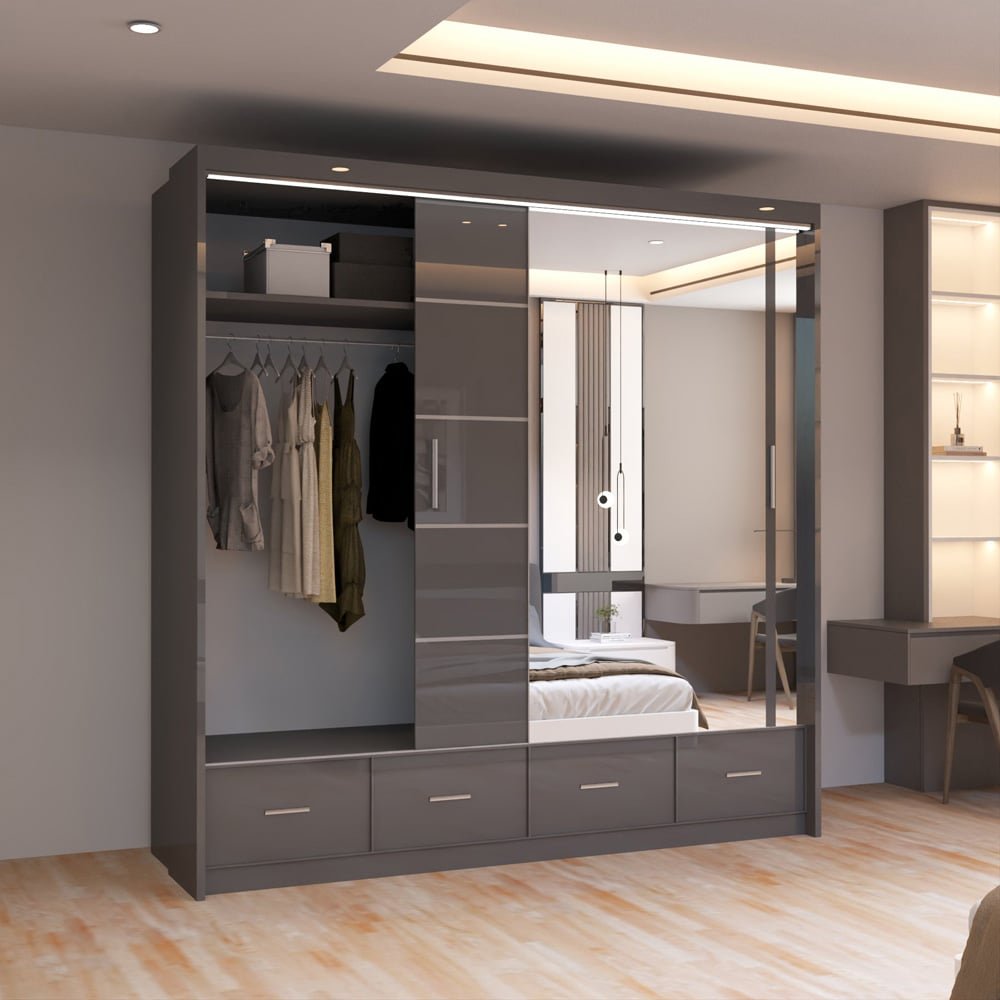 Sycylia Grey High Gloss 203cm sliding wardrobe with mirrored doors and 4 drawers.